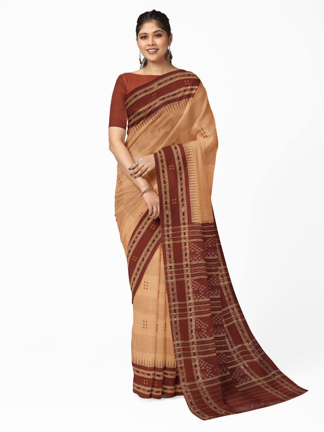 Beige Maroon buti Cotton Odisha Ikat saree with mix match cotton ikat blouse