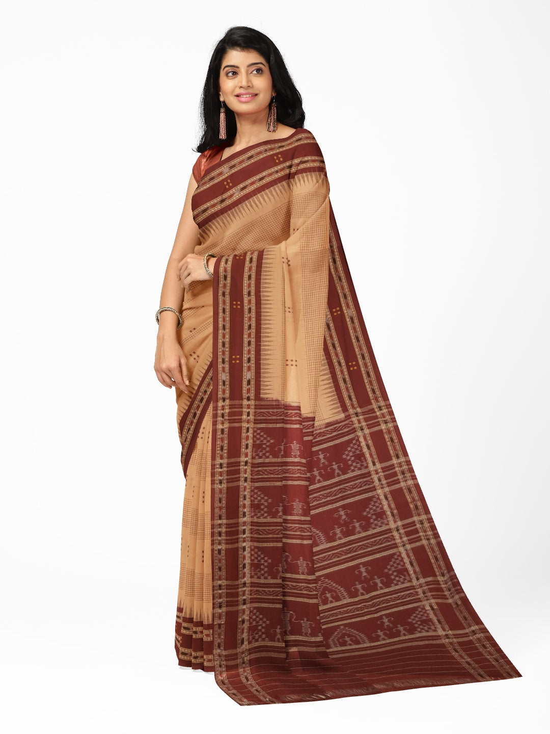 Beige Maroon buti Cotton Odisha Ikat saree with mix match cotton ikat blouse