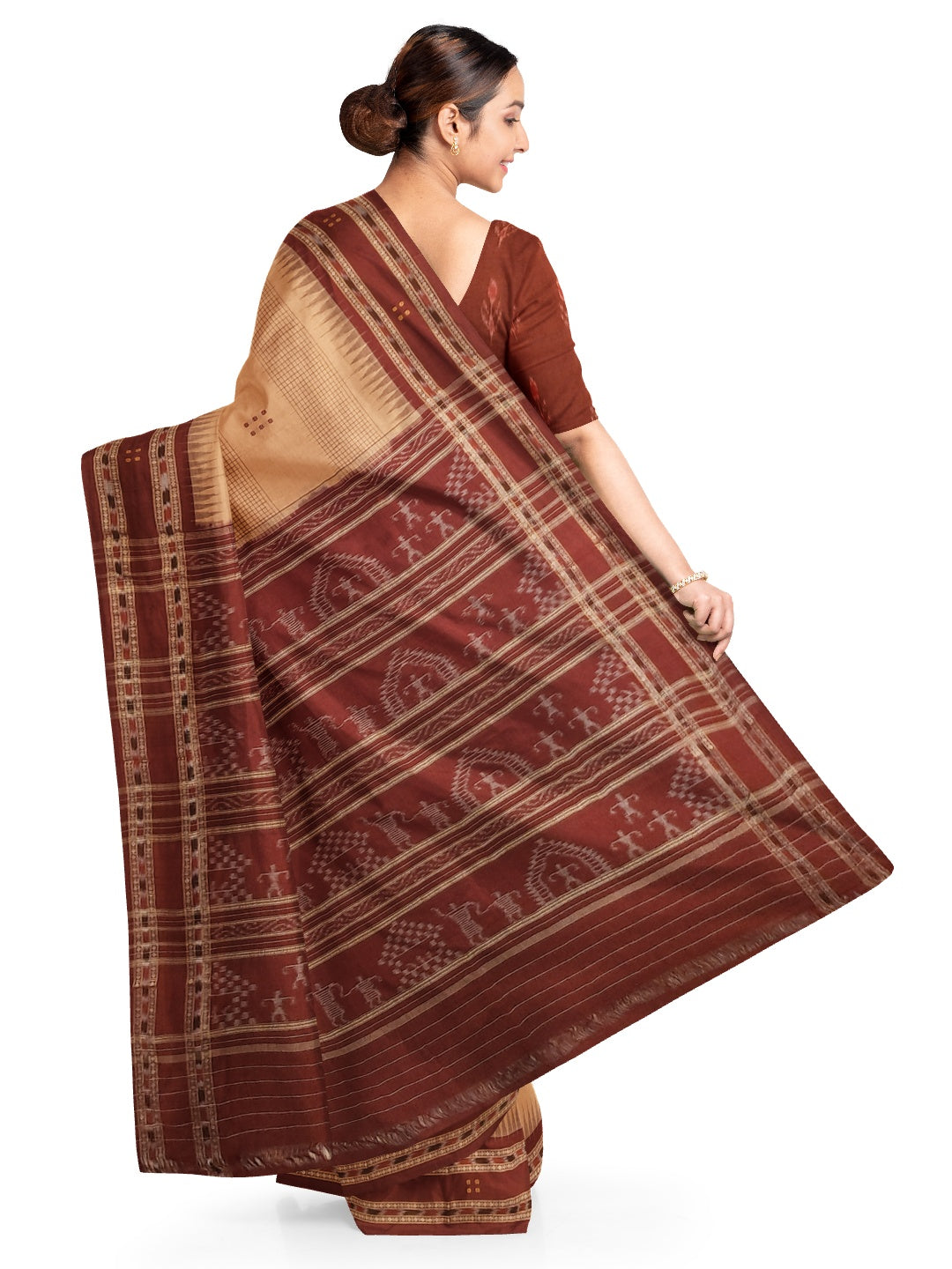 Beige Maroon buti Cotton Odisha Ikat saree with mix match cotton ikat blouse