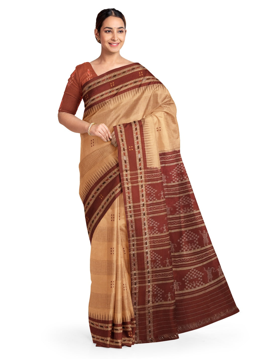 Beige Maroon buti Cotton Odisha Ikat saree with mix match cotton ikat blouse