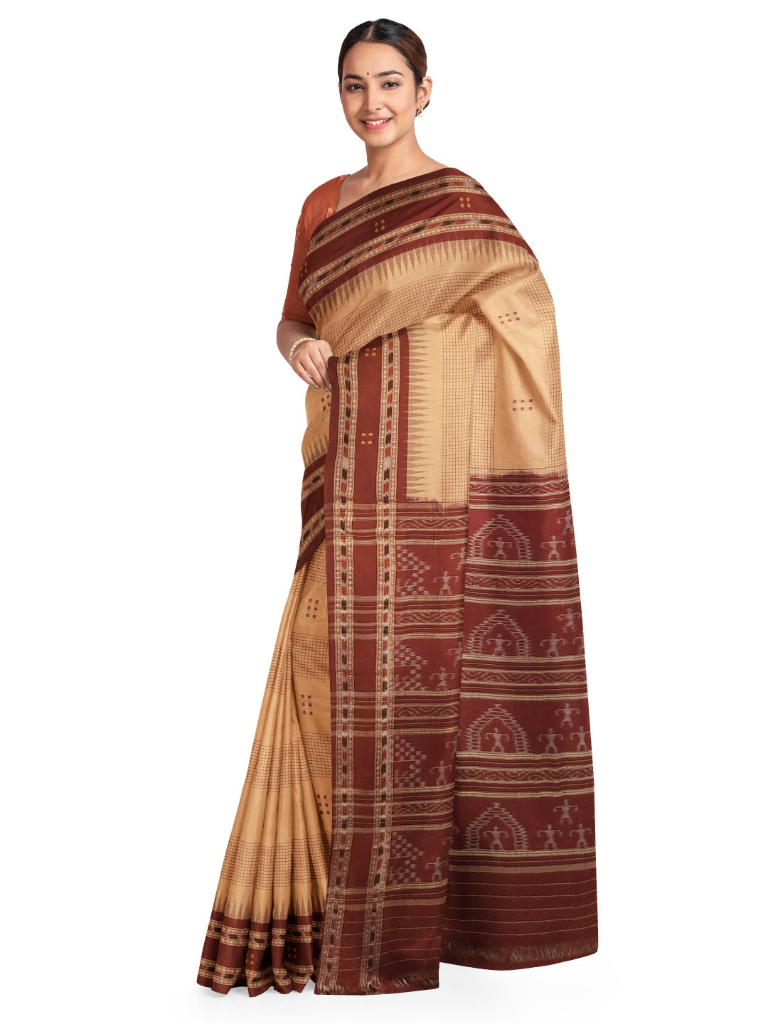 Beige Maroon buti Cotton Odisha Ikat saree with mix match cotton ikat blouse
