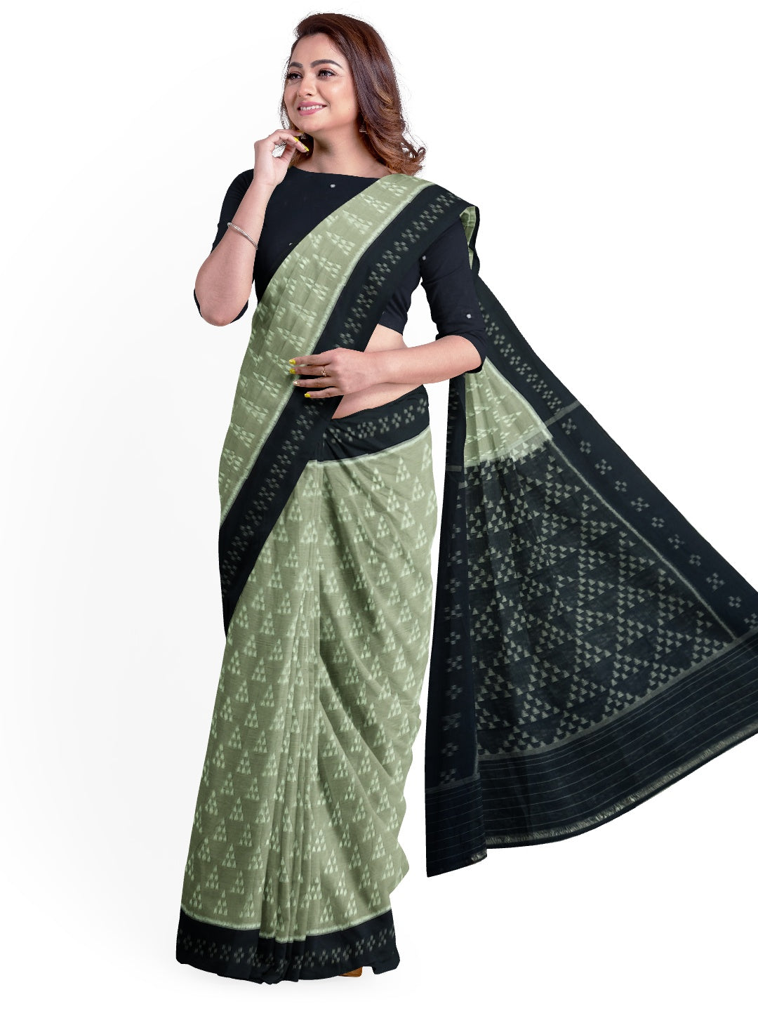 PistaGreen Odisha Ikat saree with cotton ikat blouse piece