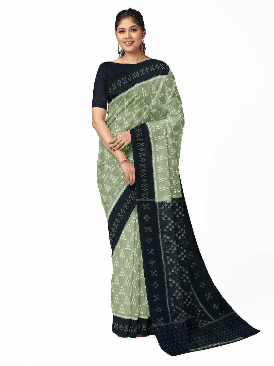 PistaGreen Odisha Ikat saree with cotton ikat blouse piece