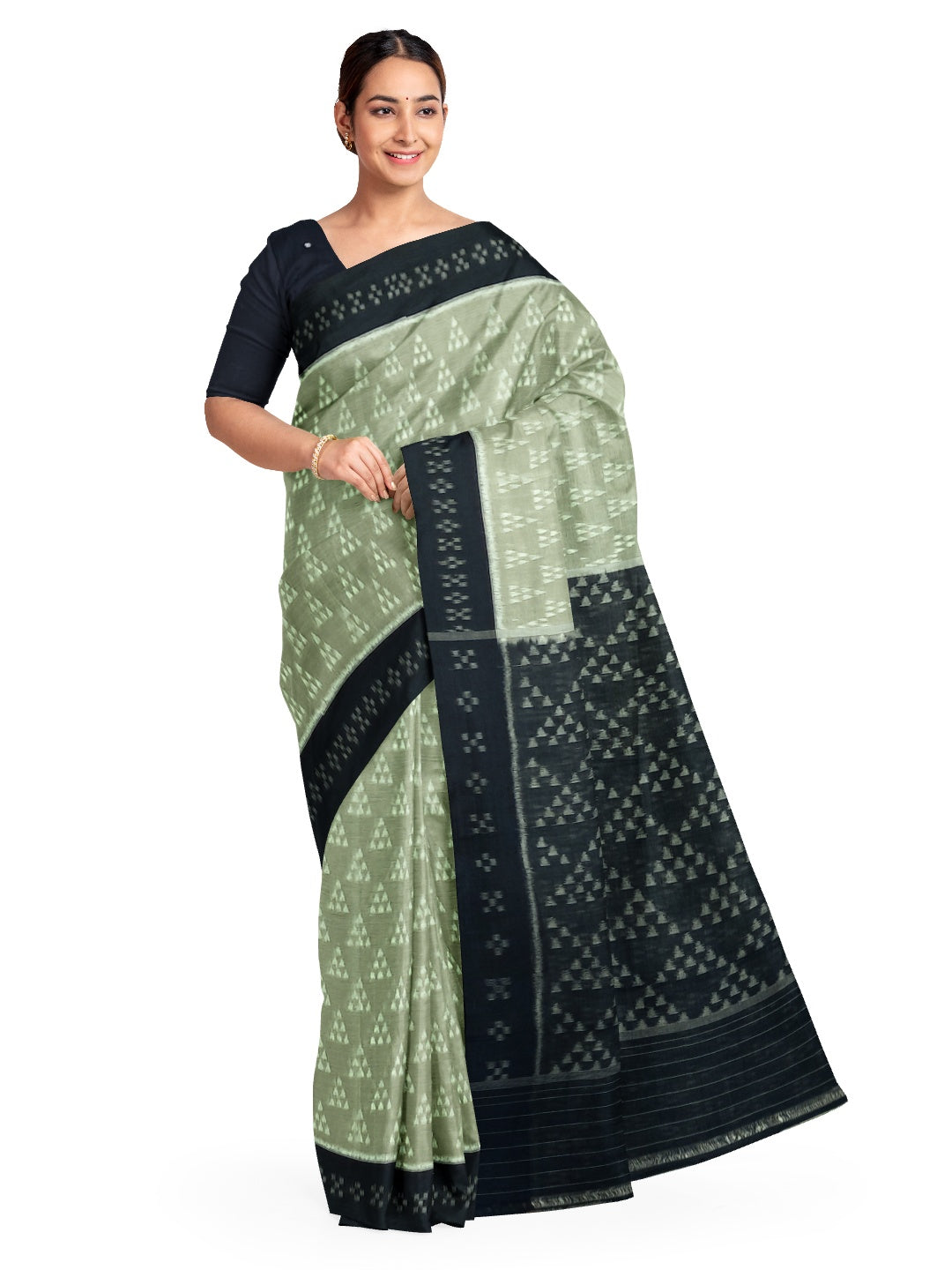 PistaGreen Odisha Ikat saree with cotton ikat blouse piece