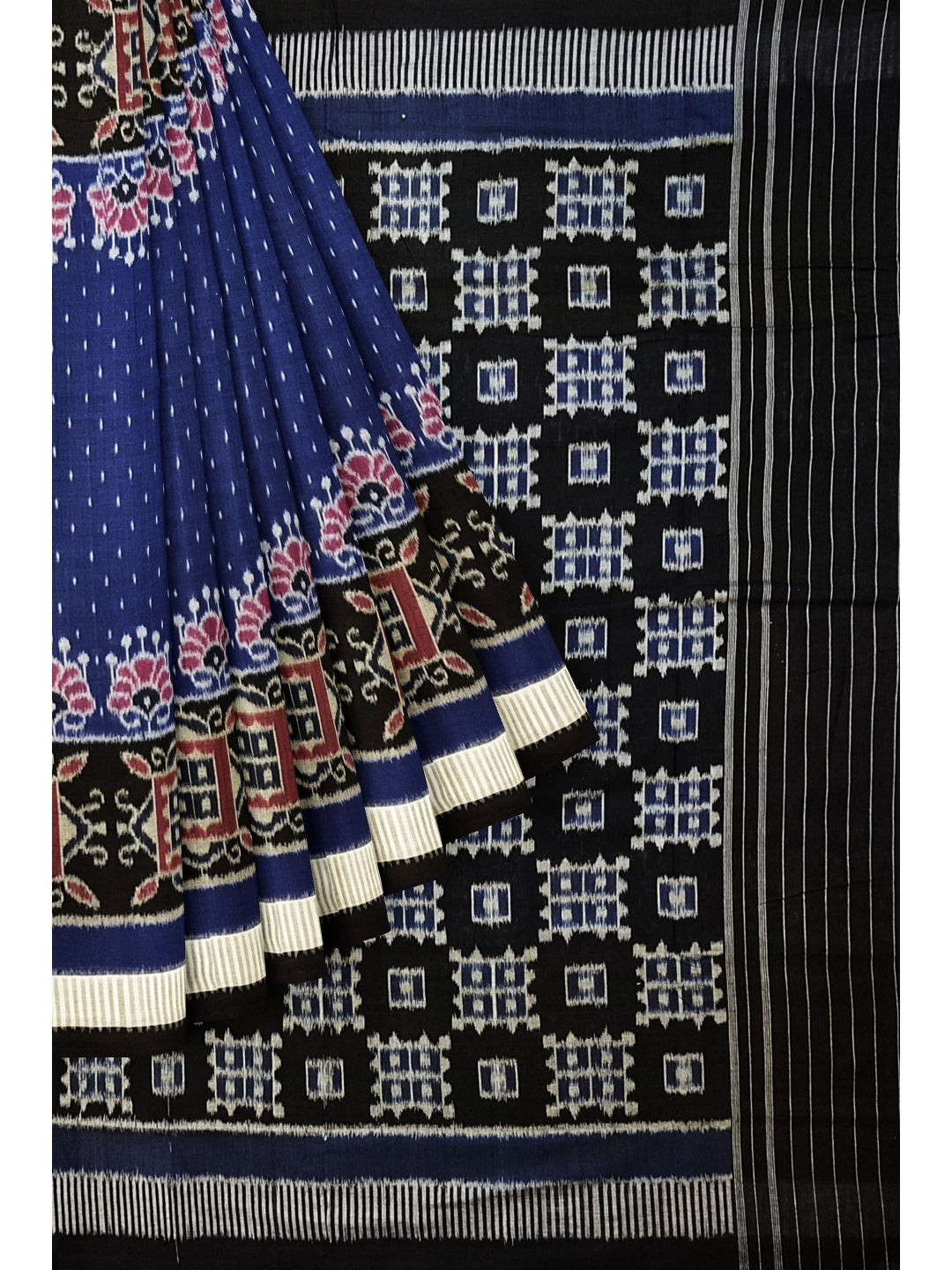 Blue with Black Cotton Odisha Ikat saree  with mix match cotton ikat blouse