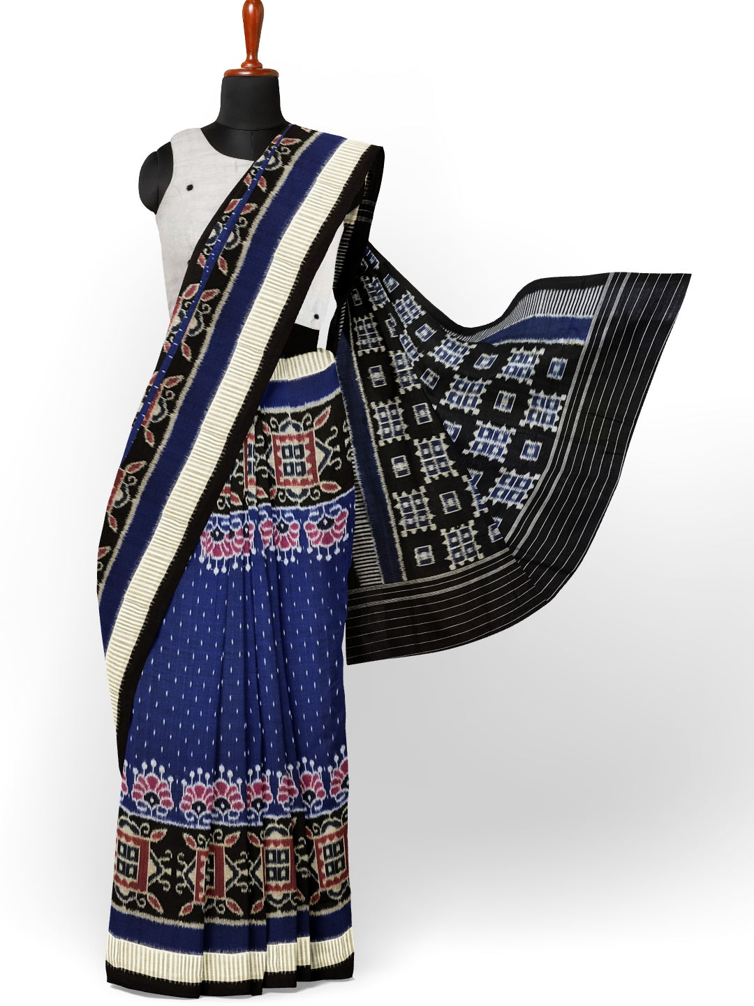 Blue with Black Cotton Odisha Ikat saree  with mix match cotton ikat blouse