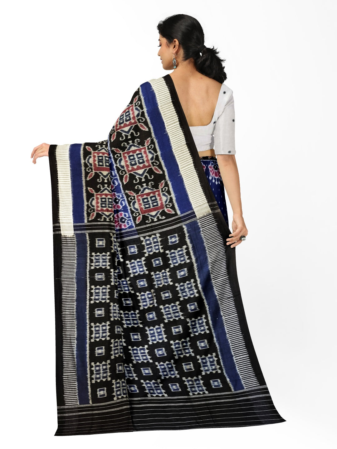 Blue with Black Cotton Odisha Ikat saree  with mix match cotton ikat blouse
