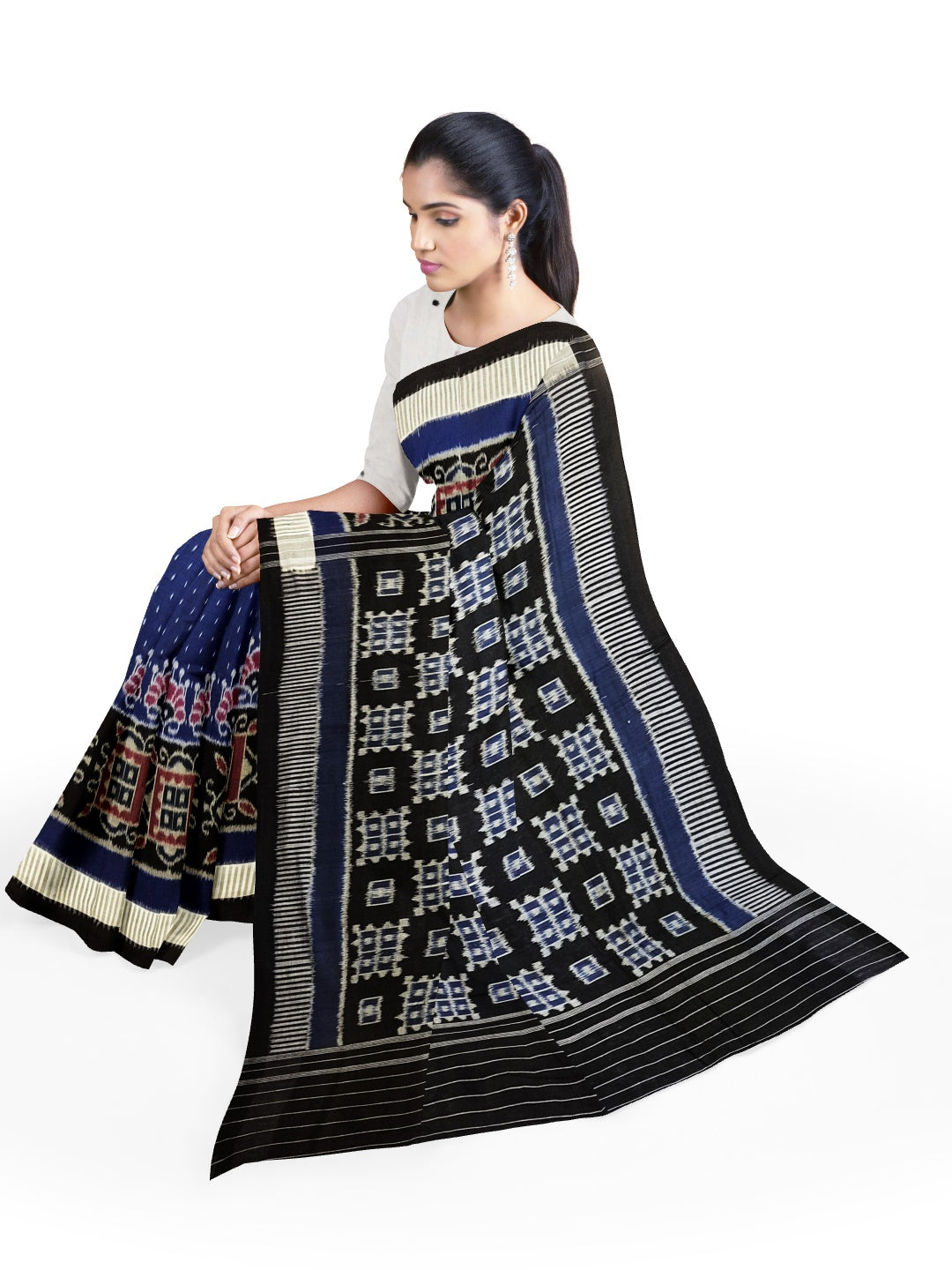 Blue with Black Cotton Odisha Ikat saree  with mix match cotton ikat blouse