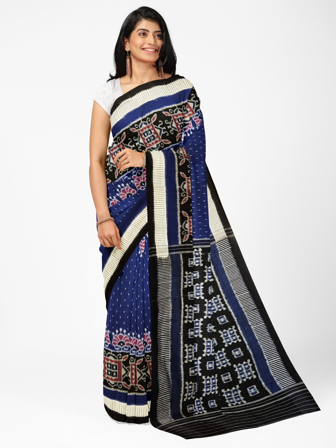 Blue with Black Cotton Odisha Ikat saree  with mix match cotton ikat blouse