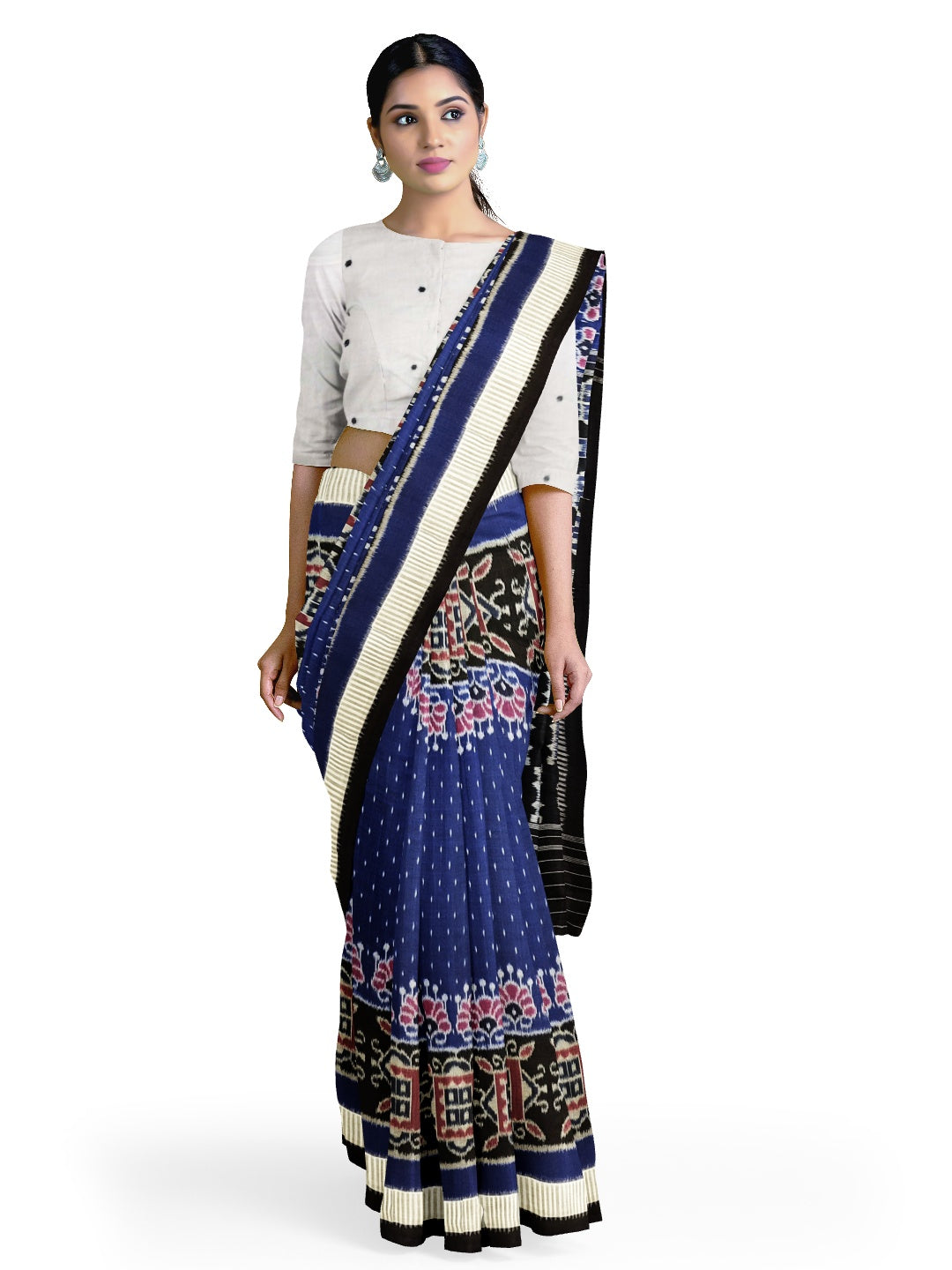 Blue with Black Cotton Odisha Ikat saree  with mix match cotton ikat blouse