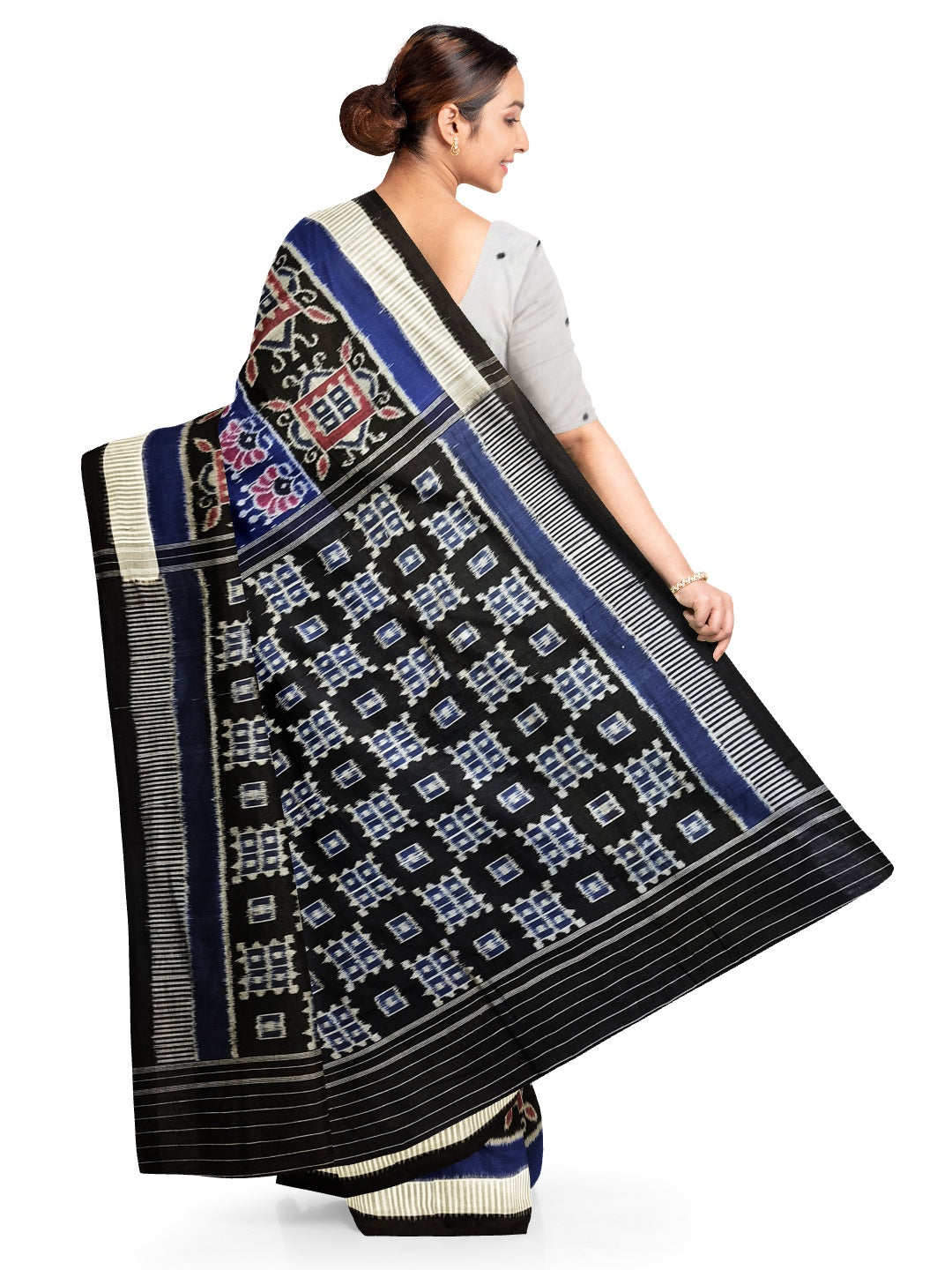 Blue with Black Cotton Odisha Ikat saree  with mix match cotton ikat blouse