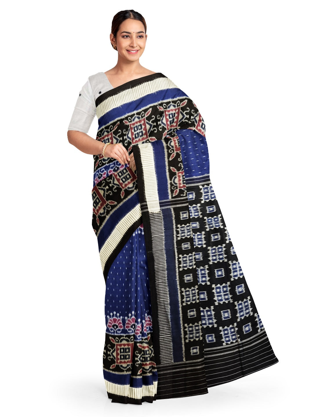 Blue with Black Cotton Odisha Ikat saree  with mix match cotton ikat blouse