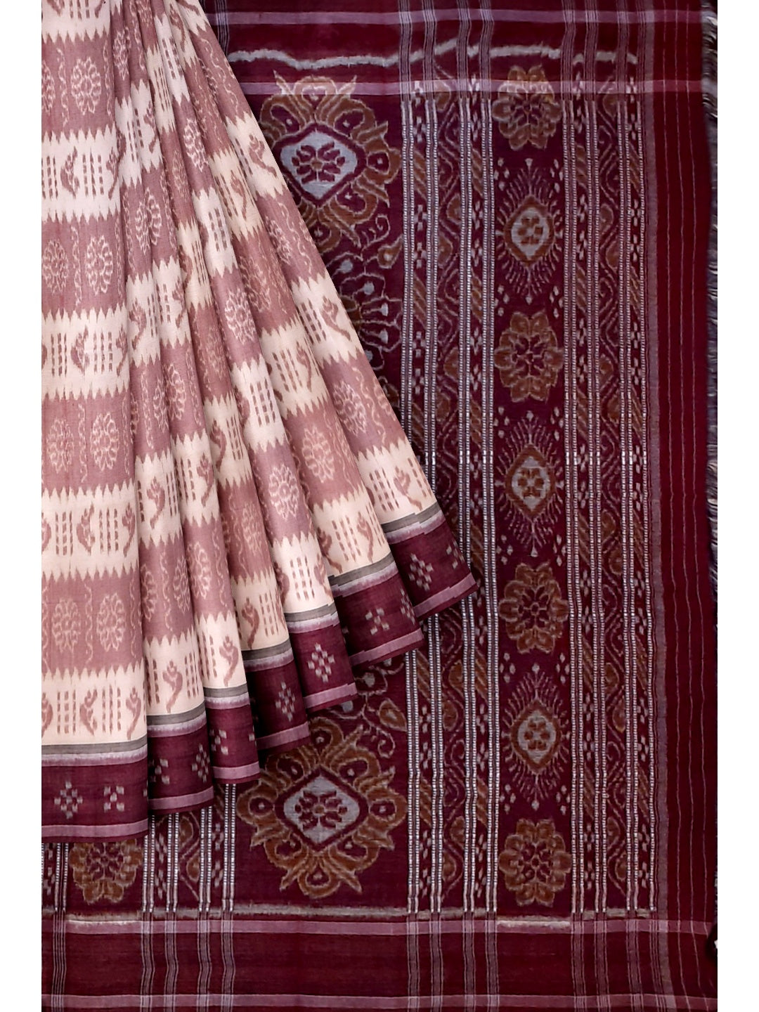 Offwhite Maroon Odisha Ikat saree with cotton ikat blouse piece