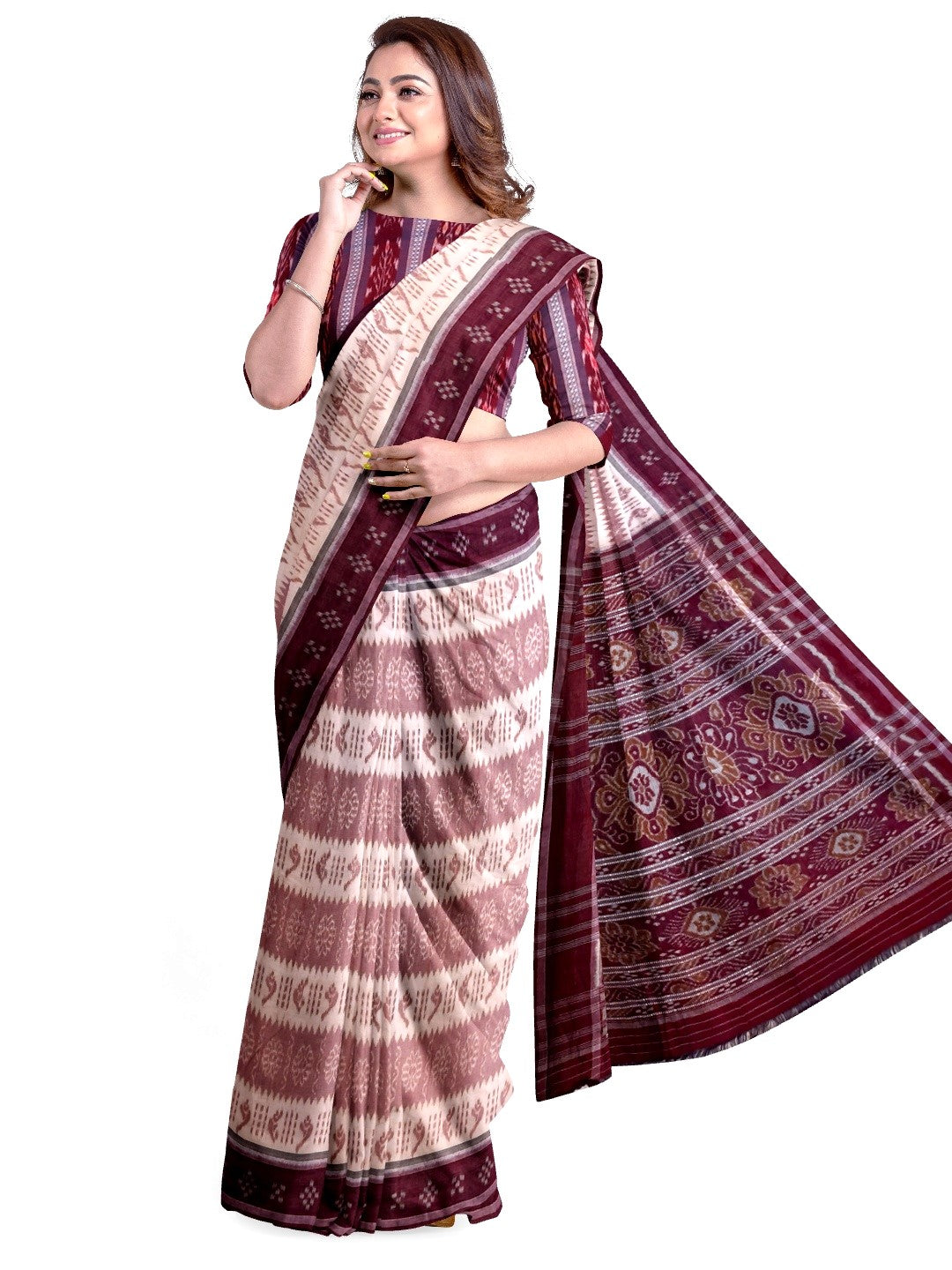 Offwhite Maroon Odisha Ikat saree with cotton ikat blouse piece