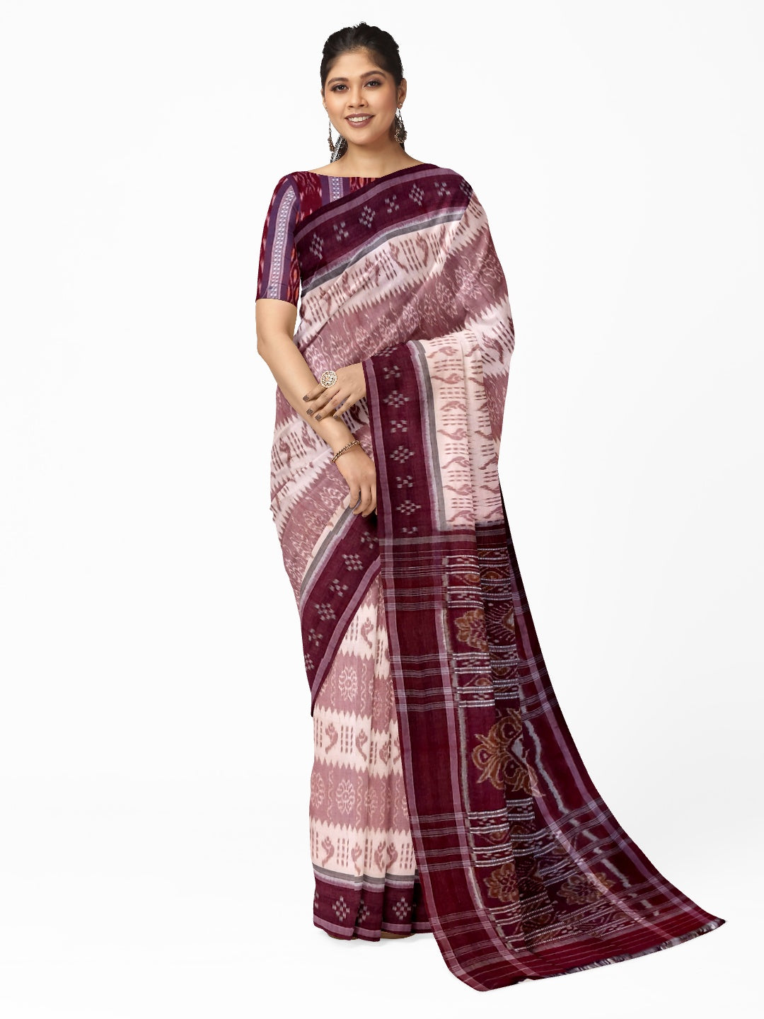 Offwhite Maroon Odisha Ikat saree with cotton ikat blouse piece