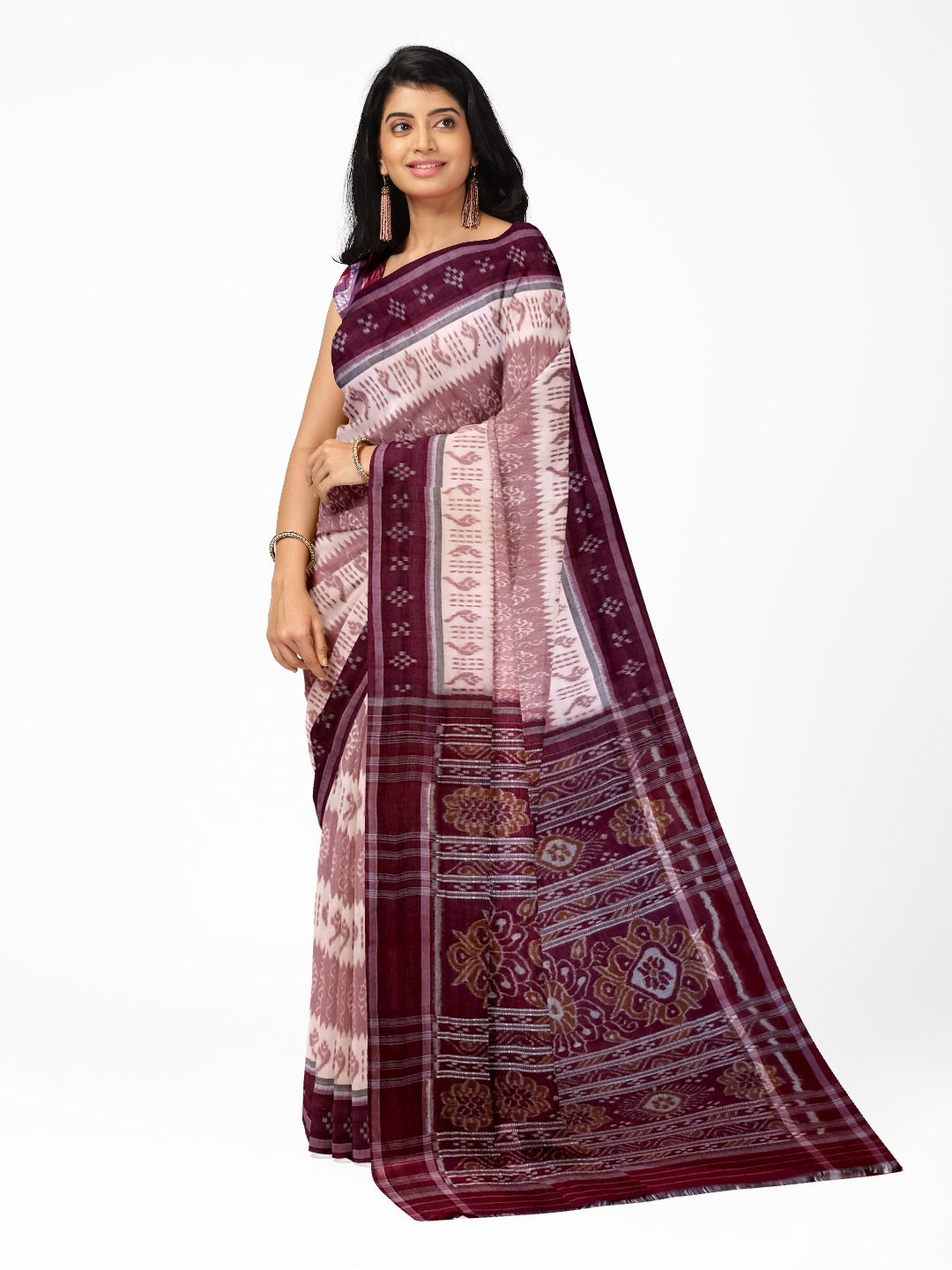 Offwhite Maroon Odisha Ikat saree with cotton ikat blouse piece