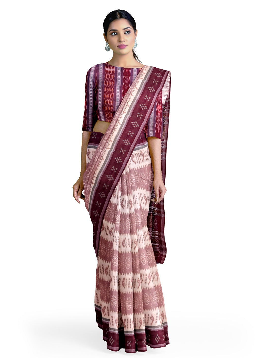 Offwhite Maroon Odisha Ikat saree with cotton ikat blouse piece