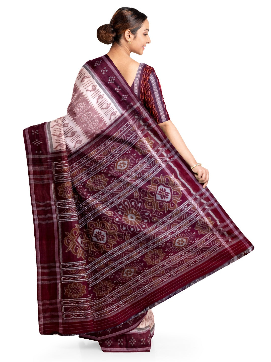 Offwhite Maroon Odisha Ikat saree with cotton ikat blouse piece