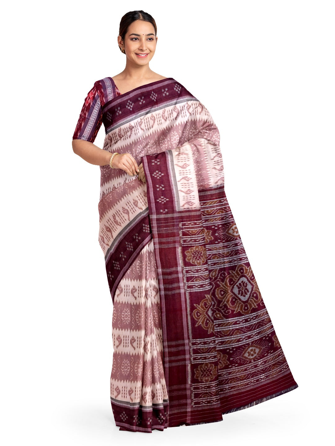 Offwhite Maroon Odisha Ikat saree with cotton ikat blouse piece