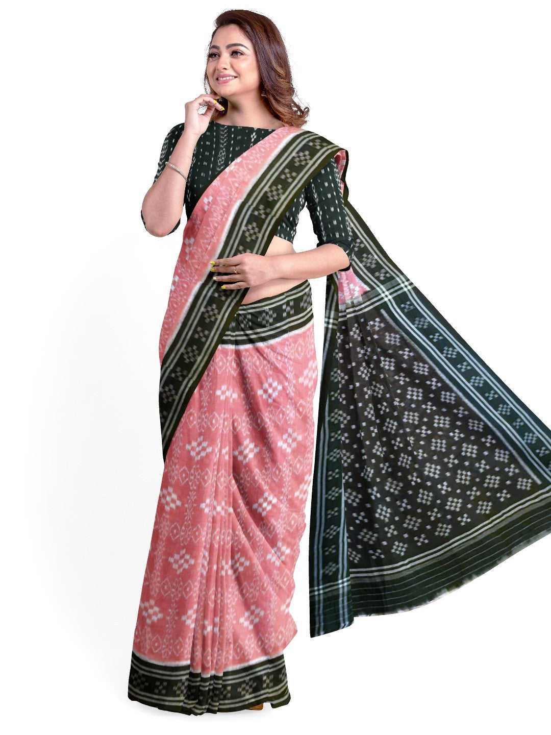 Pink Odisha Ikat saree with cotton ikat blouse piece