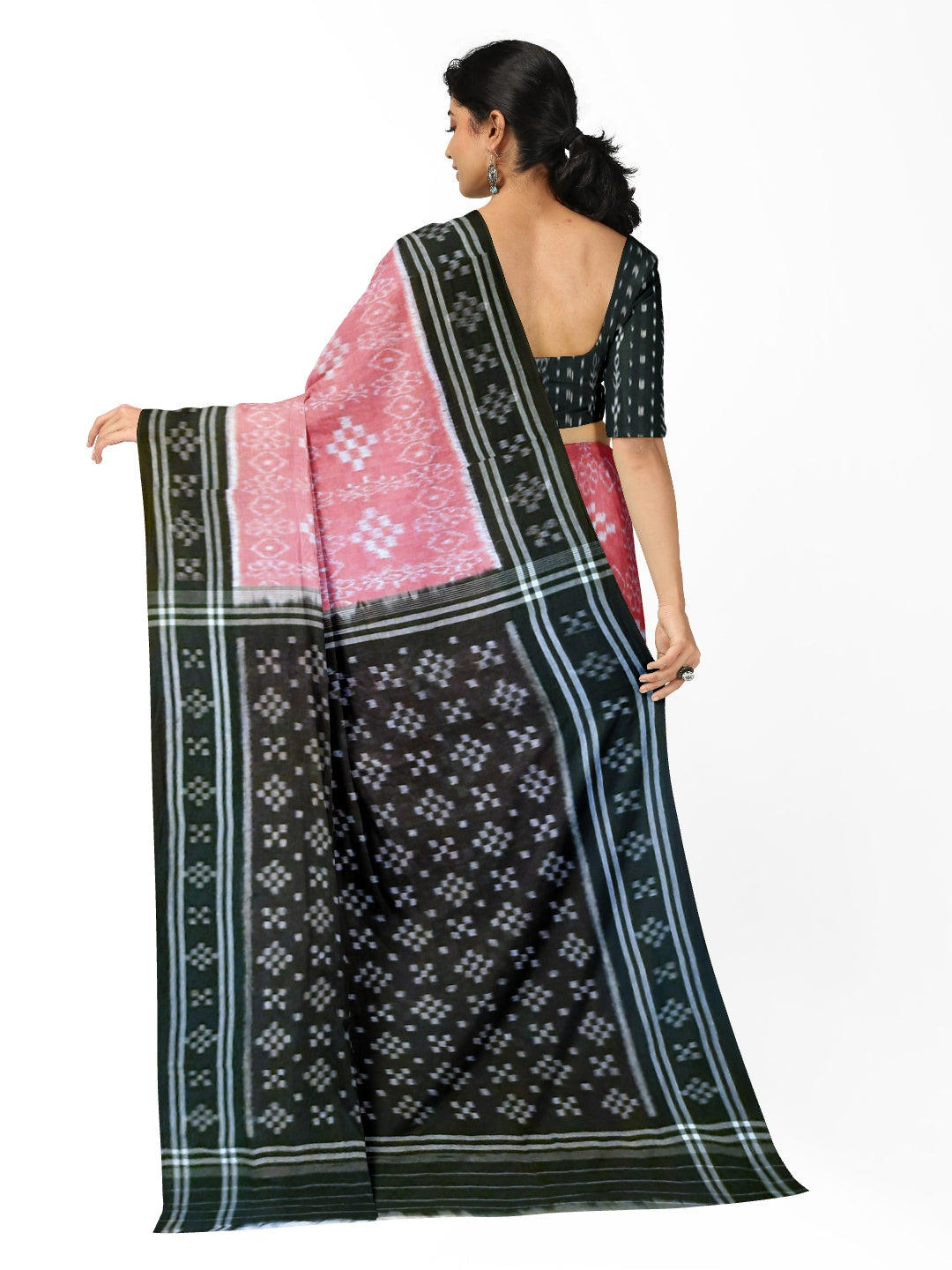 Pink Odisha Ikat saree with cotton ikat blouse piece