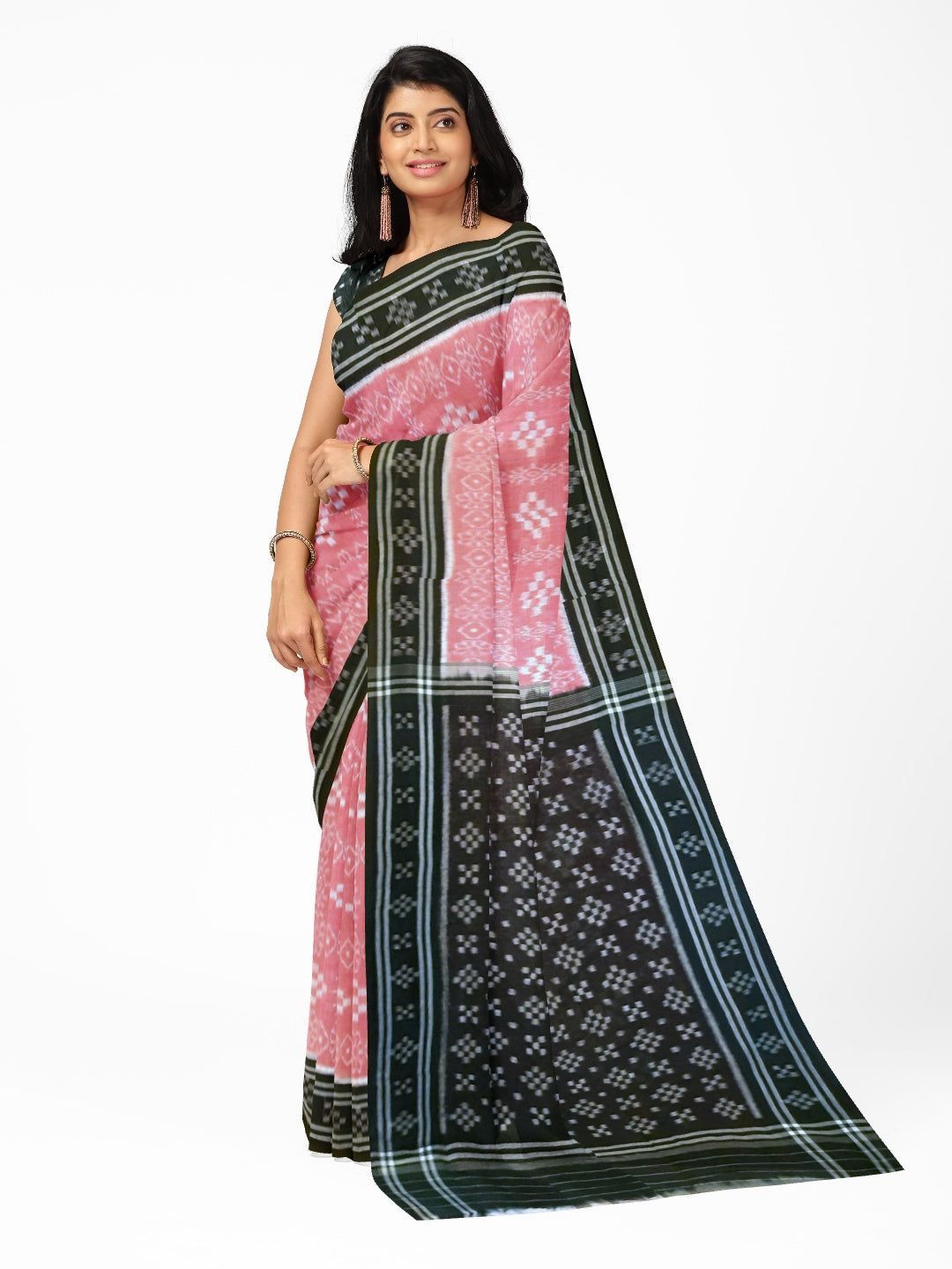 Pink Odisha Ikat saree with cotton ikat blouse piece
