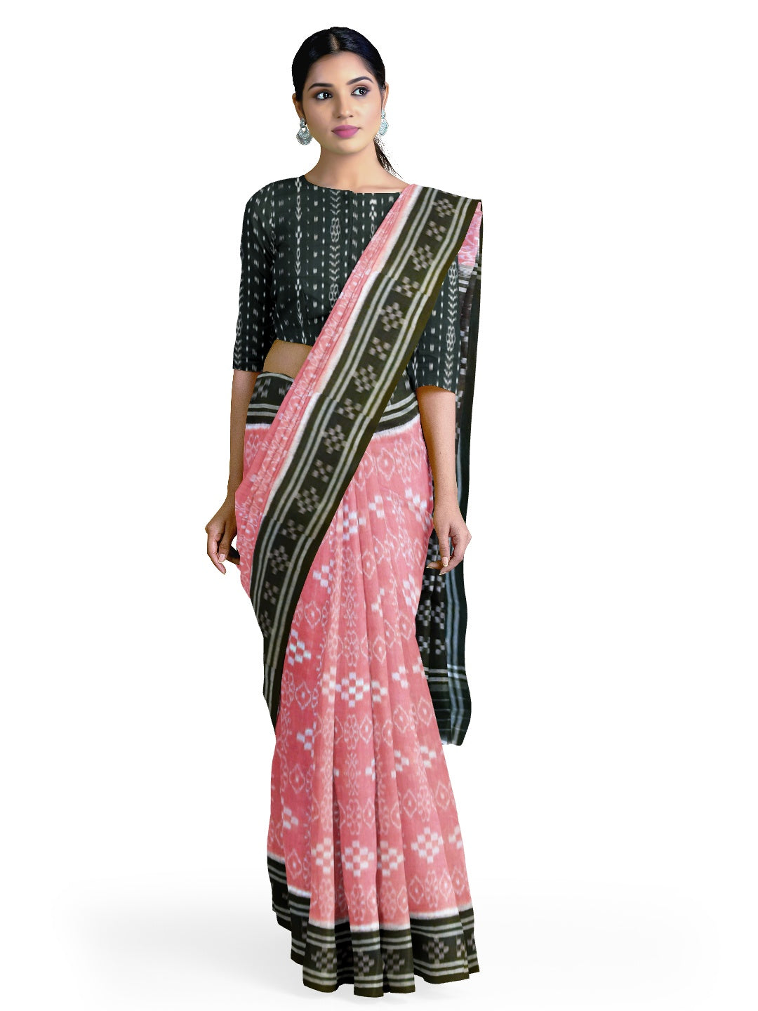 Pink Odisha Ikat saree with cotton ikat blouse piece