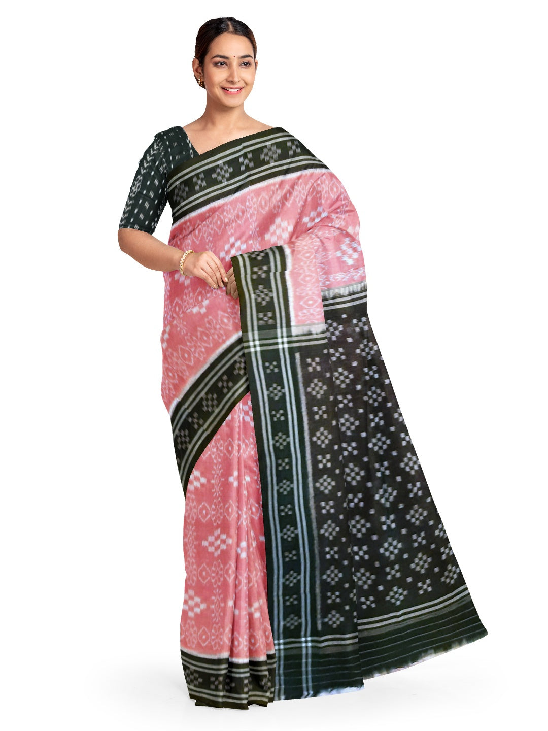 Pink Odisha Ikat saree with cotton ikat blouse piece