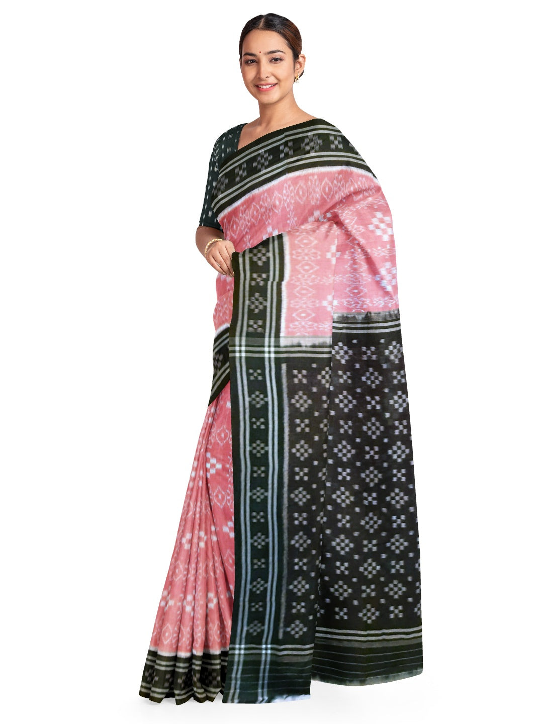 Pink Odisha Ikat saree with cotton ikat blouse piece