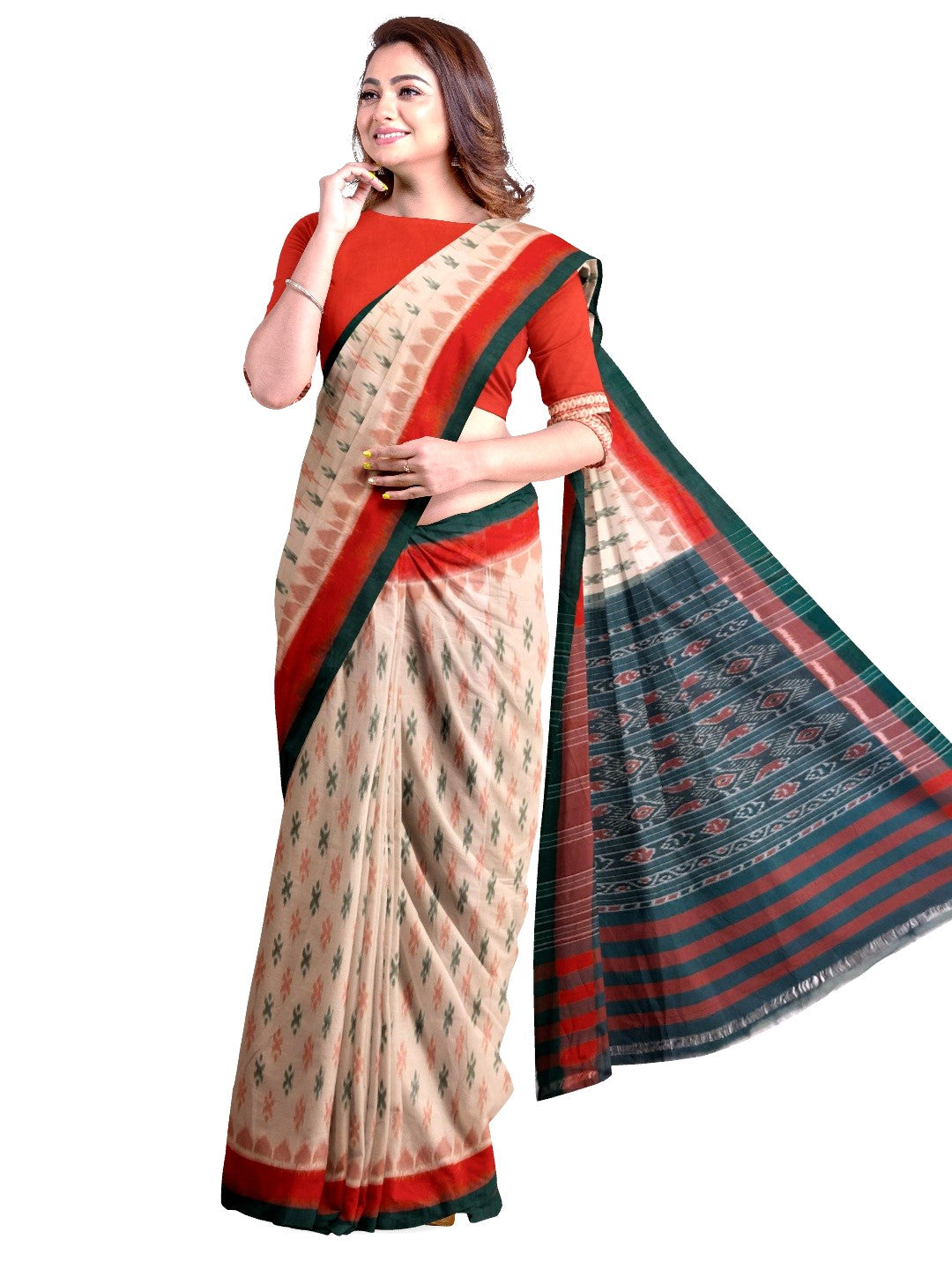 Beige double colour border Cotton Odisha Ikat saree with cotton ikat blouse piece