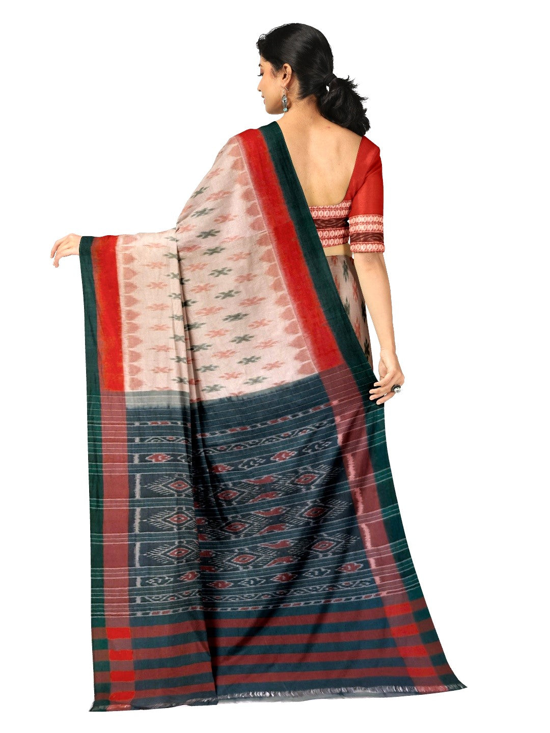 Beige double colour border Cotton Odisha Ikat saree with cotton ikat blouse piece