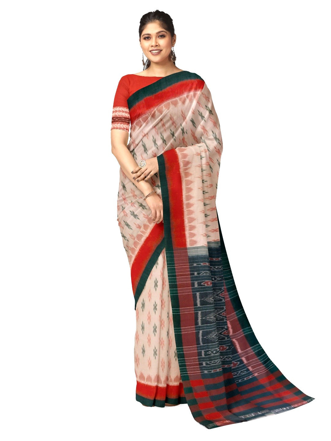 Beige double colour border Cotton Odisha Ikat saree with cotton ikat blouse piece