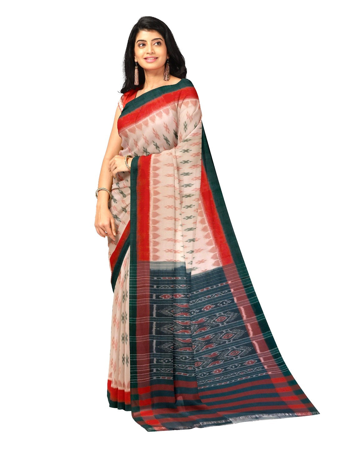 Beige double colour border Cotton Odisha Ikat saree with cotton ikat blouse piece