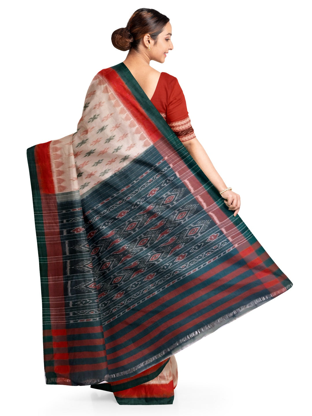 Beige double colour border Cotton Odisha Ikat saree with cotton ikat blouse piece