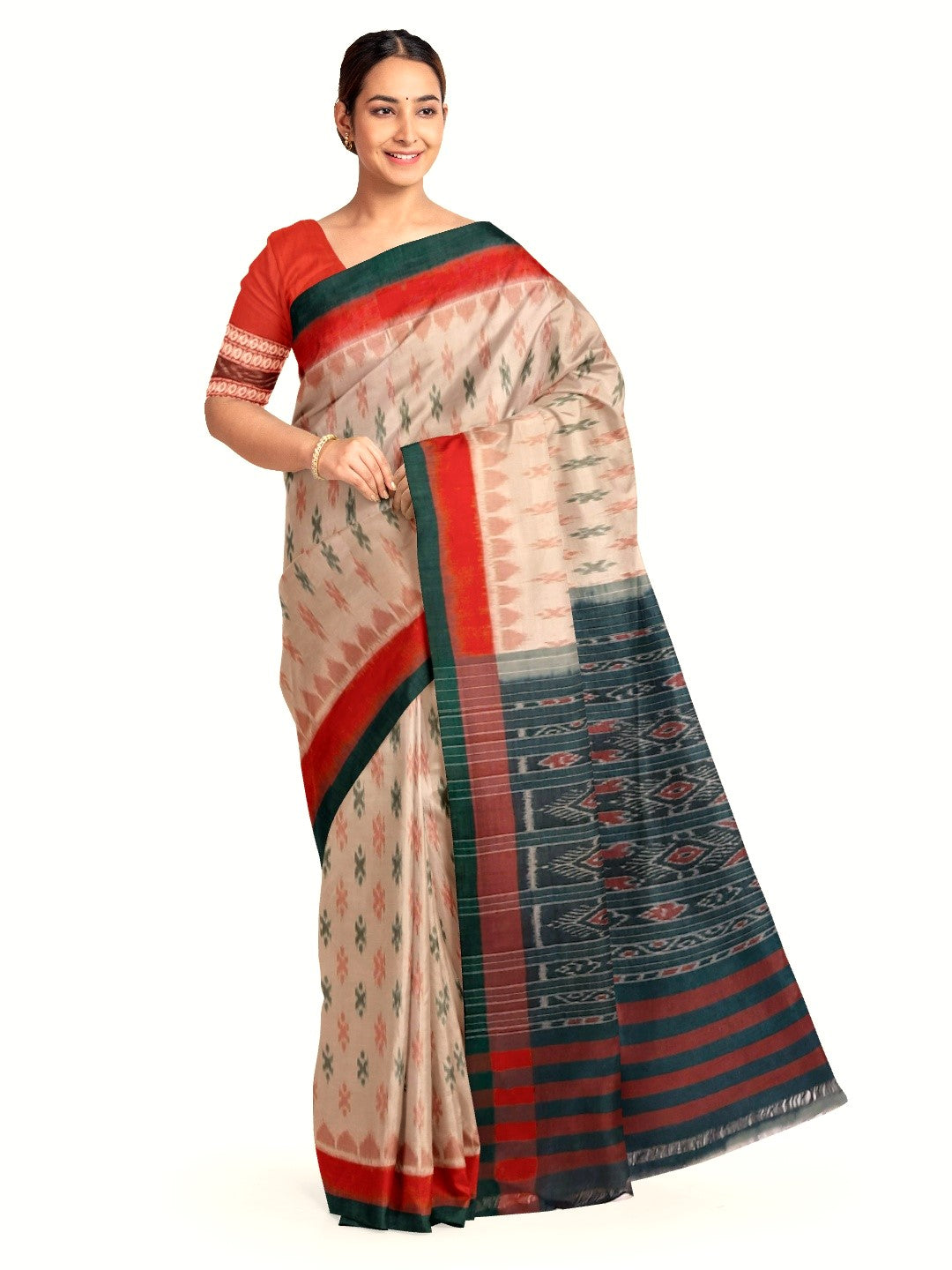 Beige double colour border Cotton Odisha Ikat saree with cotton ikat blouse piece
