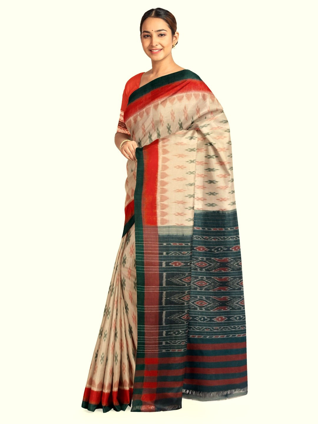 Beige double colour border Cotton Odisha Ikat saree with cotton ikat blouse piece