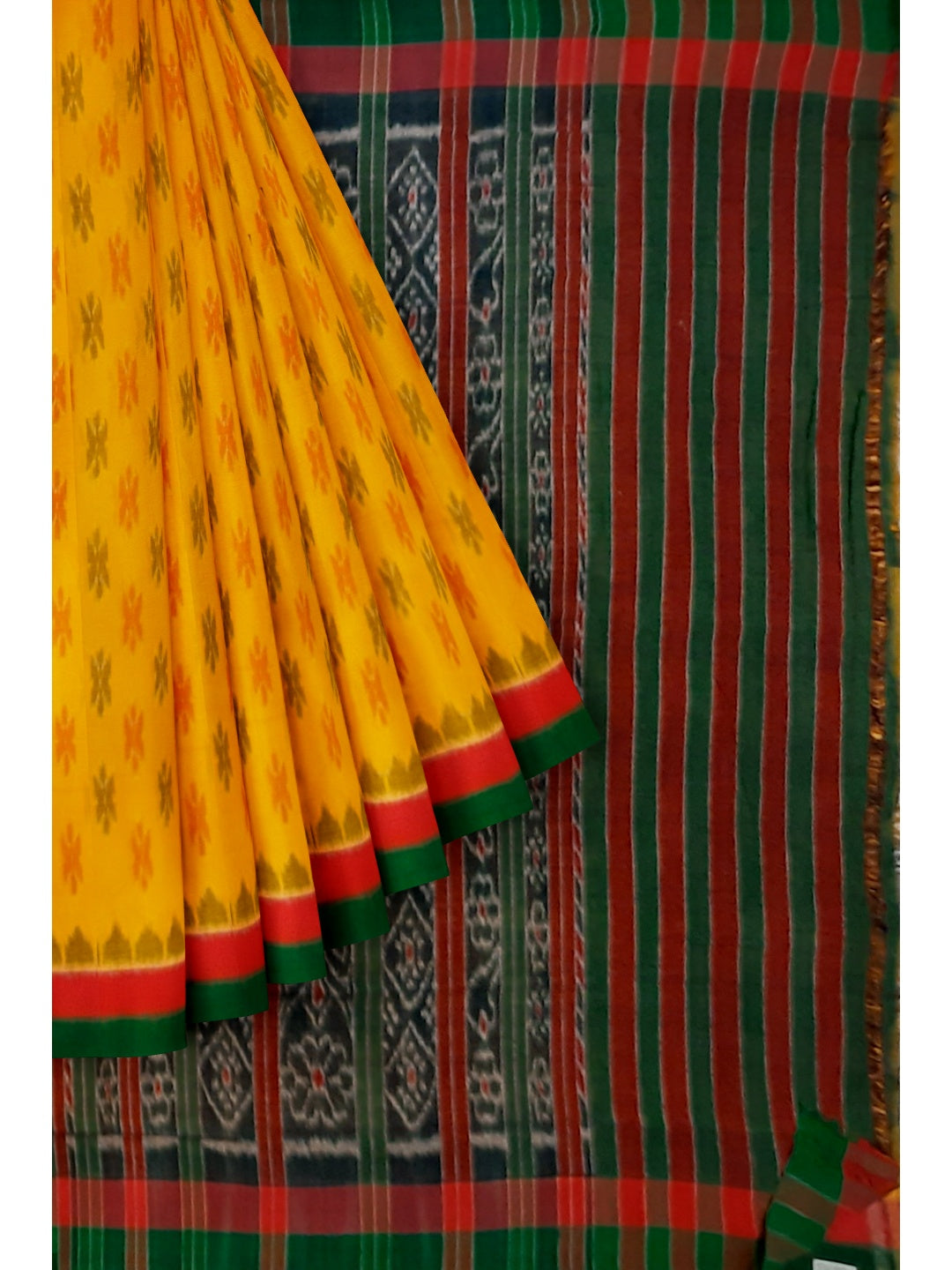 Yellow Cotton Odisha Ikat saree with cotton ikat blouse piece