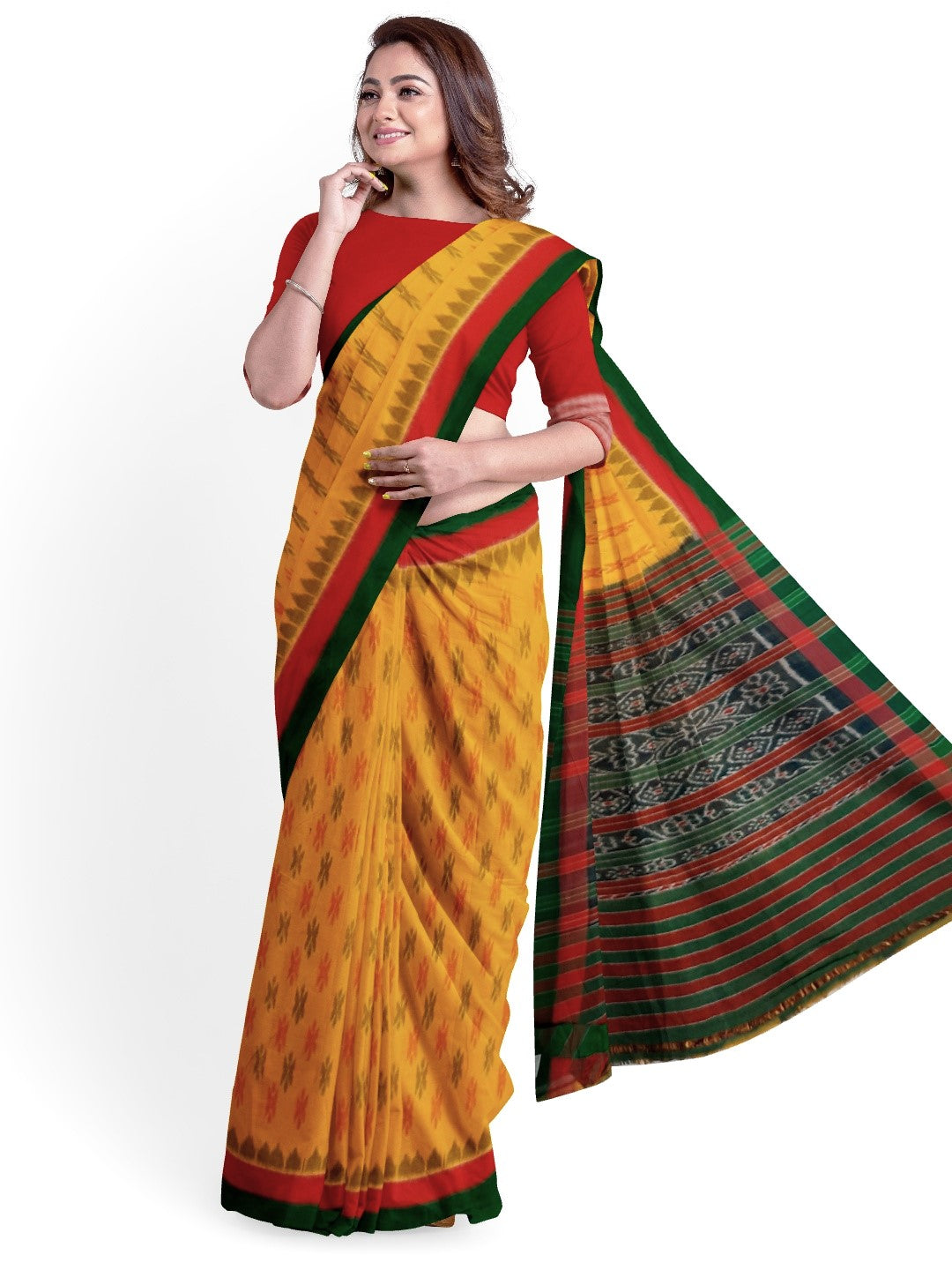 Yellow Cotton Odisha Ikat saree with cotton ikat blouse piece