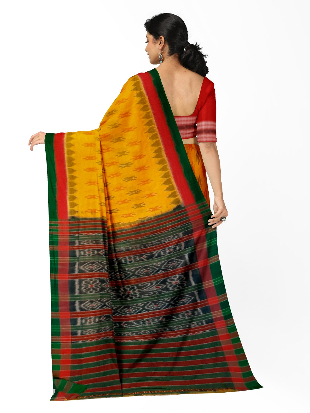 Yellow Cotton Odisha Ikat saree with cotton ikat blouse piece