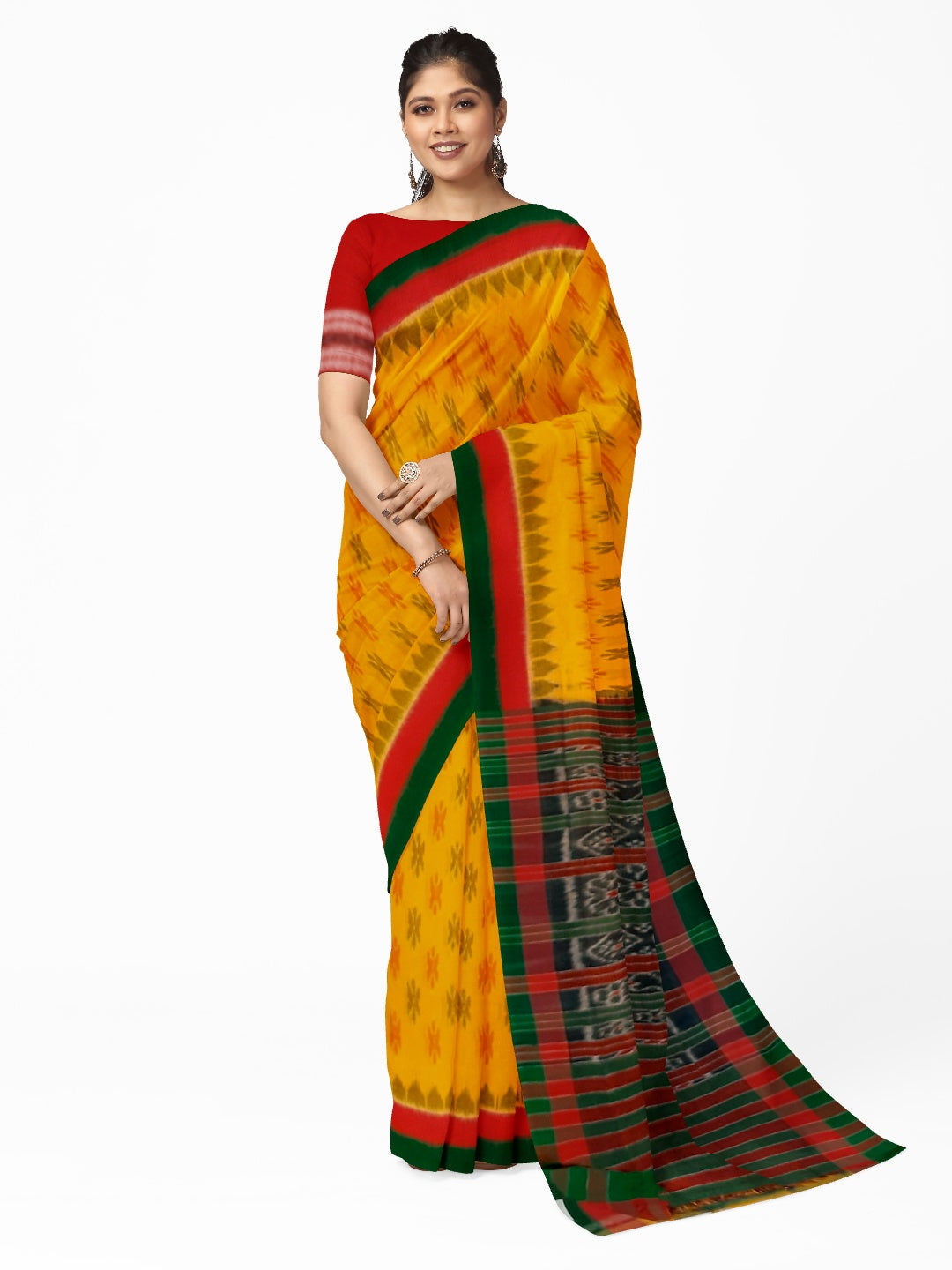 Yellow Cotton Odisha Ikat saree with cotton ikat blouse piece