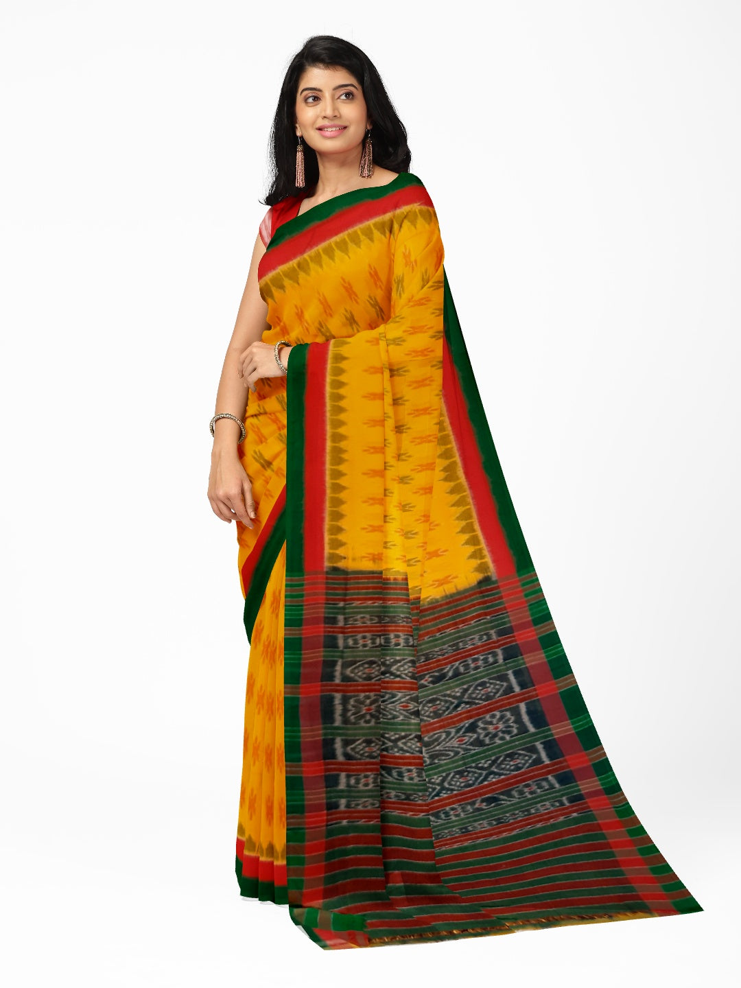 Yellow Cotton Odisha Ikat saree with cotton ikat blouse piece
