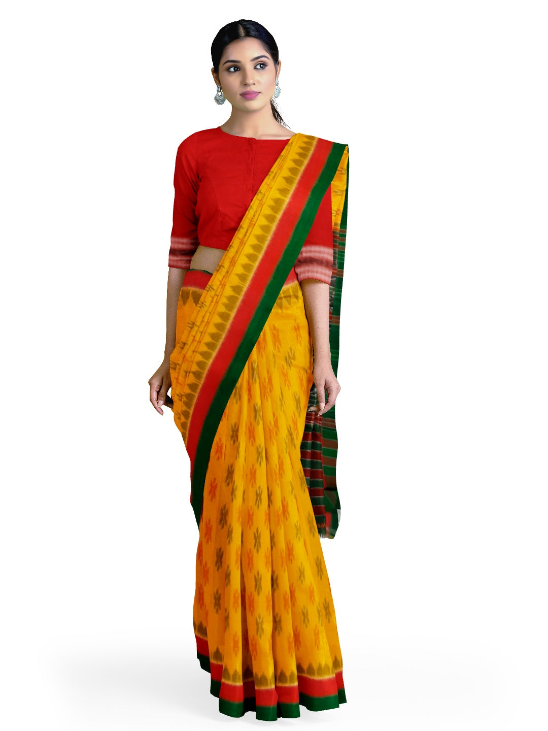 Yellow Cotton Odisha Ikat saree with cotton ikat blouse piece