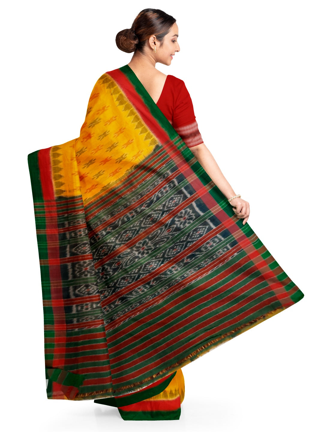 Yellow Cotton Odisha Ikat saree with cotton ikat blouse piece