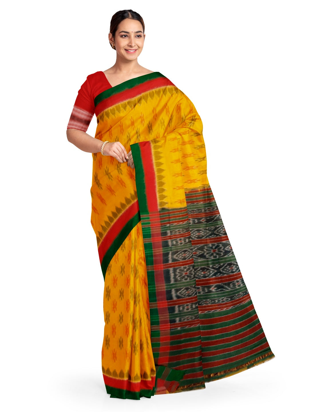 Yellow Cotton Odisha Ikat saree with cotton ikat blouse piece