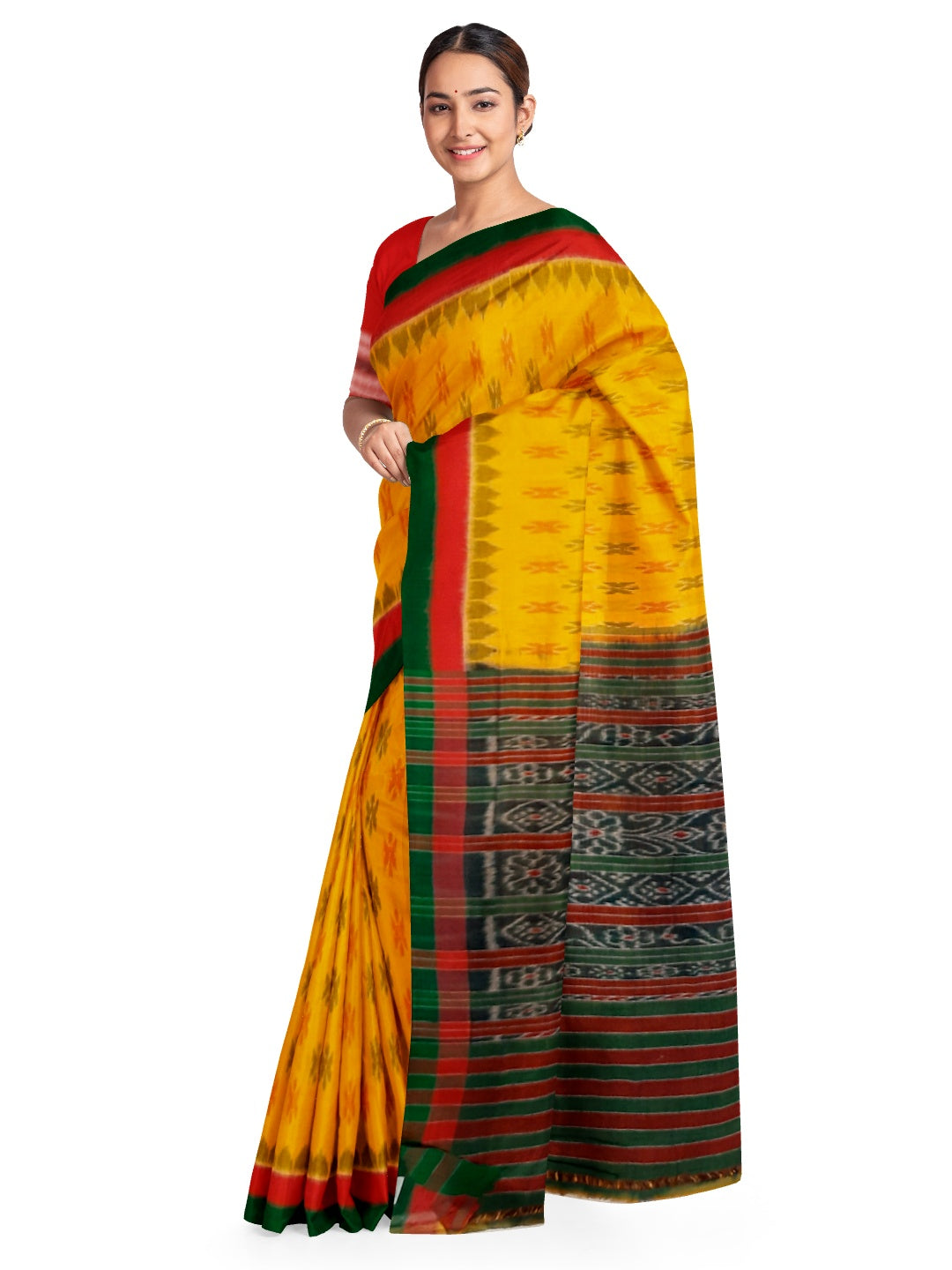 Yellow Cotton Odisha Ikat saree with cotton ikat blouse piece
