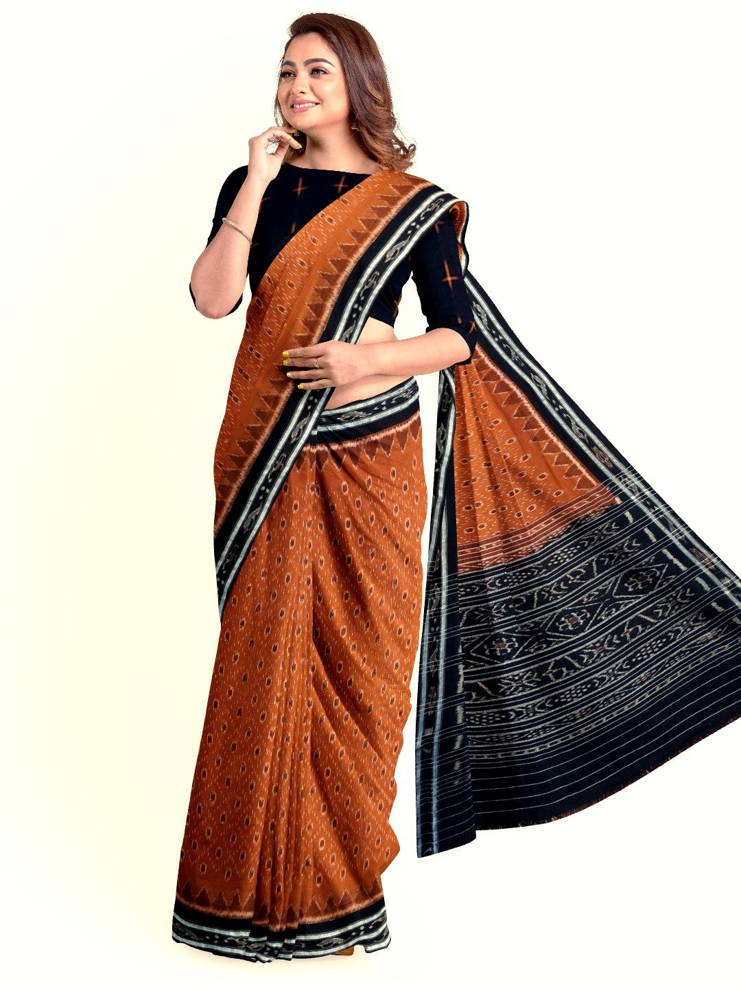 Rust Cotton Odisha Ikat saree with mix match cotton ikat blouse piece