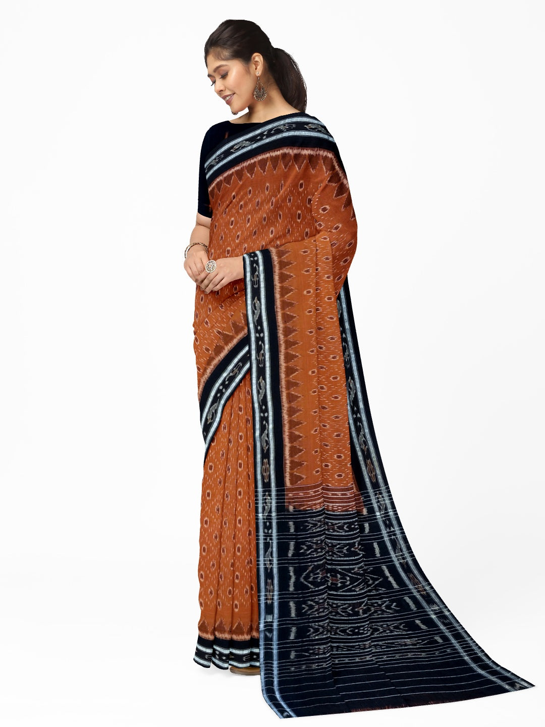 Rust Cotton Odisha Ikat saree with mix match cotton ikat blouse piece