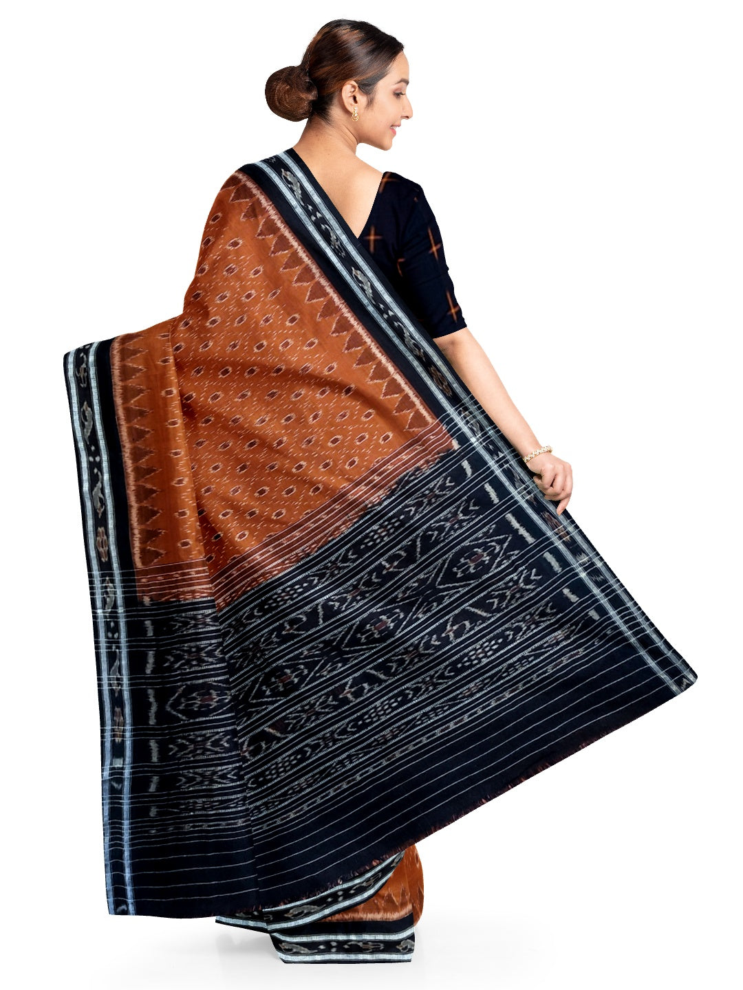 Rust Cotton Odisha Ikat saree with mix match cotton ikat blouse piece