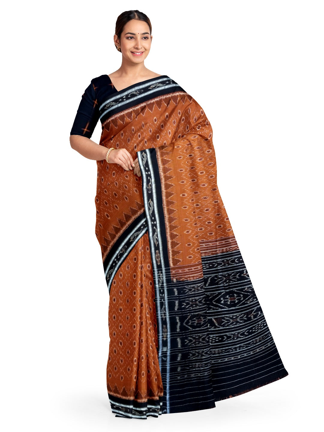 Rust Cotton Odisha Ikat saree with mix match cotton ikat blouse piece