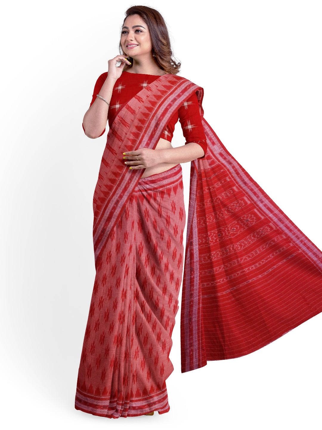 Pink and Red Cotton Odisha Ikat saree  with mix match cotton ikat blouse piece